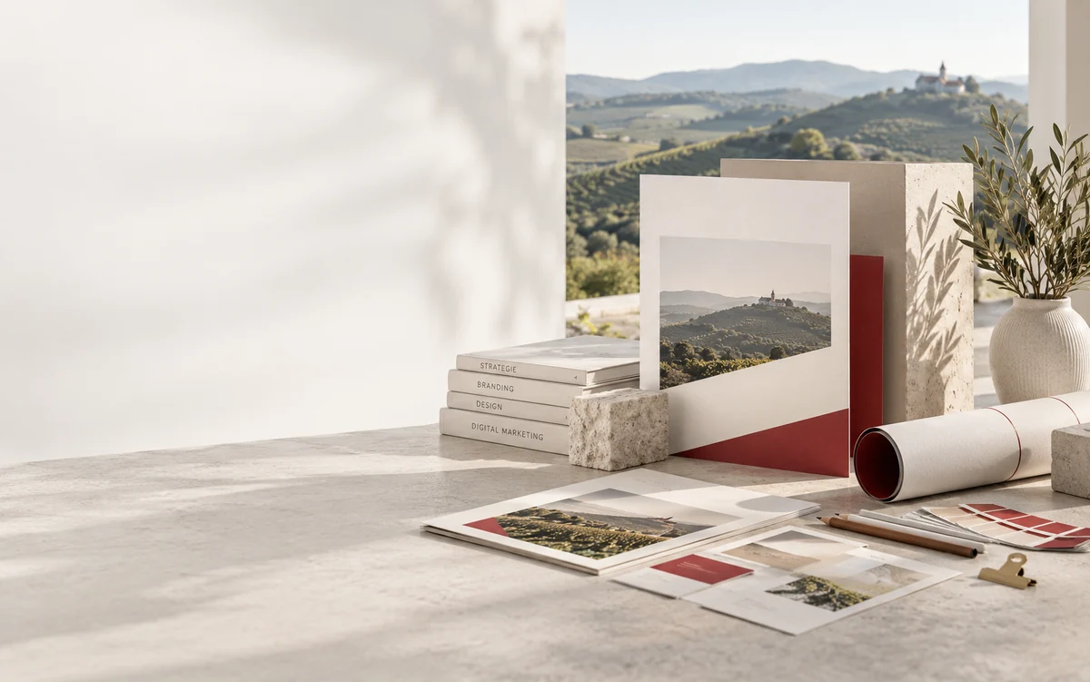 KI-Themenillustration: Branding- und Designmaterialien mit regionaler Landschaft.