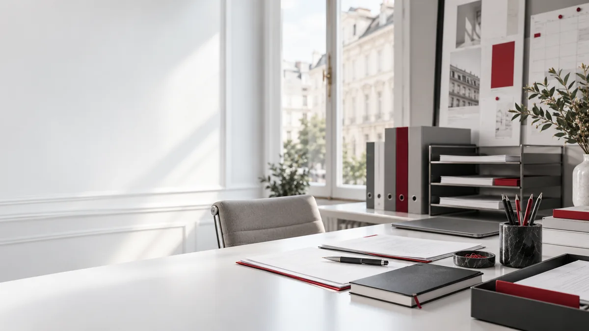 KI-Themenillustration: Arbeitsplatz mit geordneten Mappen, Unterlagen und Laptop vor einem Altbaufenster.