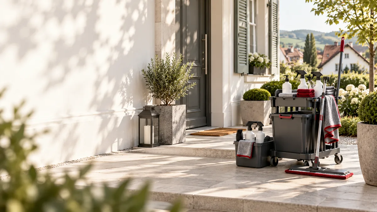 KI-Themenillustration: Reinigungswagen mit Wischmopp auf einer Terrasse vor einem Wohnhaus.