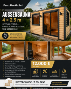 Außensauna 4,0 x 2,5 m mit Harvia Saunaofen 8 kW – inkl. Montage – 12.000 € inkl