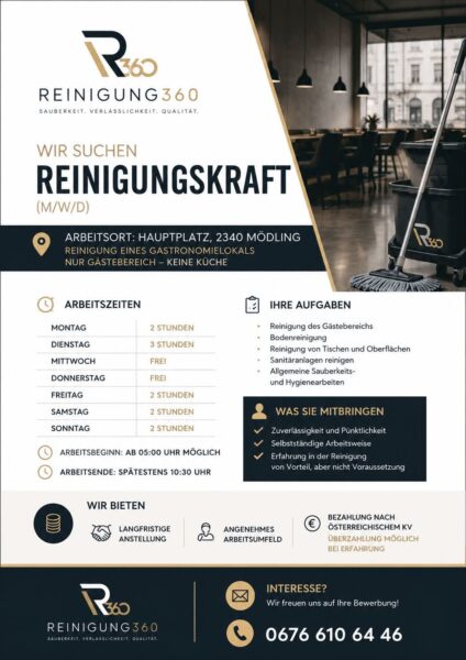 Reinigungskraft für Gastronomielokal in Mödling gesucht